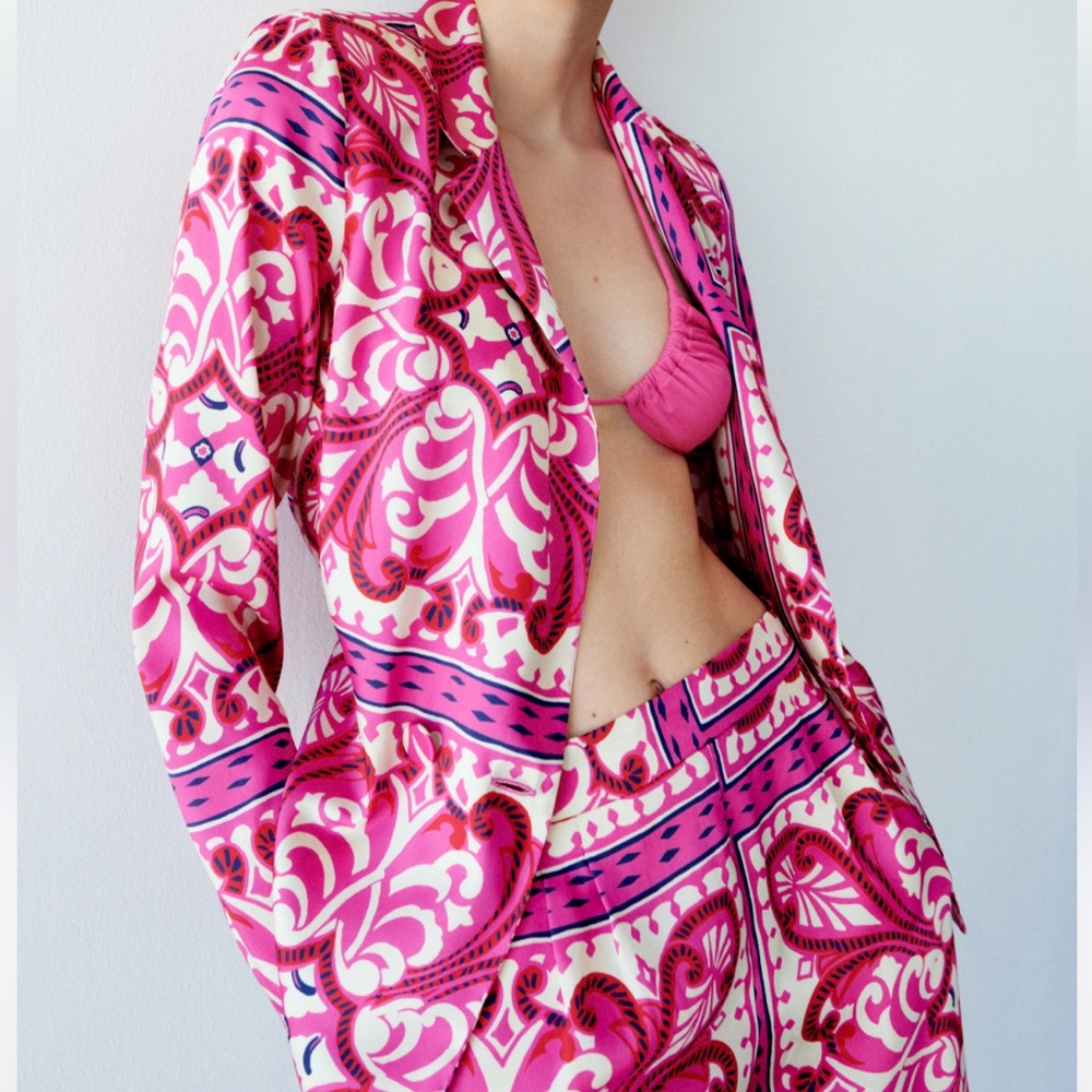 Pink Silky Satin Effect Paisley Print Lapel Top Straight Leg Pant Matching Set